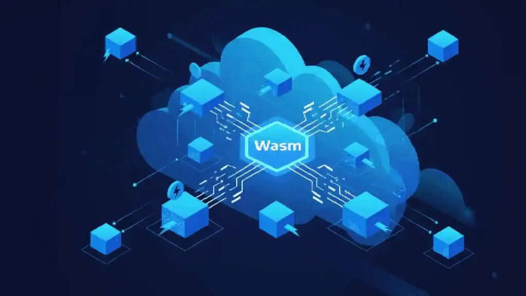 Cloud computing illustration with a central hexagon labeled Wasm and surrounding blue cubes and circuits indicating WebAssembly networking.