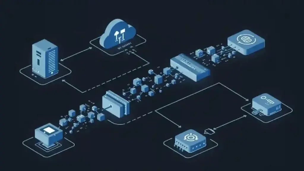 Isometric illustration of a cloud computing network connecting a server, cloud storage, and circuitry paths.