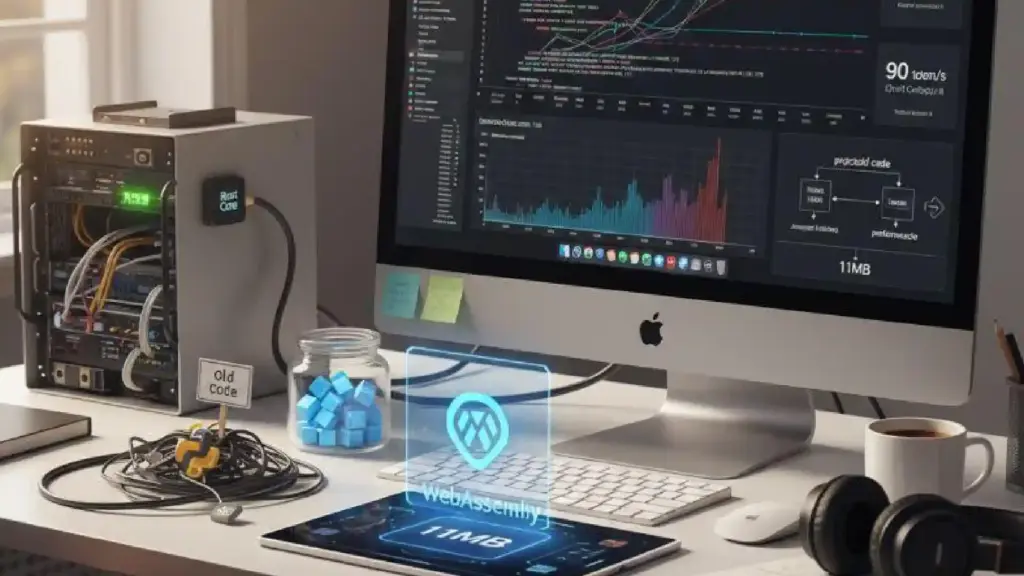 Developer desk setup with an iMac showing data charts and dashboards, a server rack labeled 'Old Code', and small blue blocks in a jar nearby.