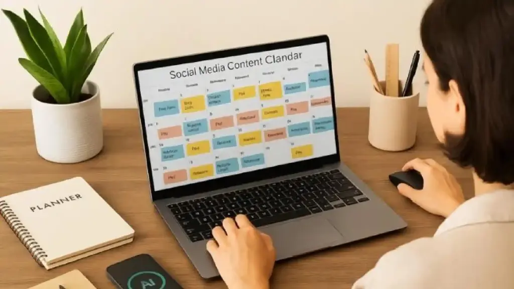 Person typing on a laptop displaying a colorful sticky-note calendar, with a planner and plant on a wooden desk.