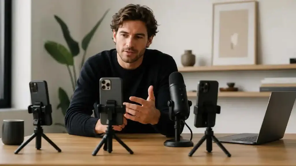 Man in a dark sweater sits at a desk with three smartphones on small tripods, a large microphone, and a laptop, coaching or recording a video/podcast setup.