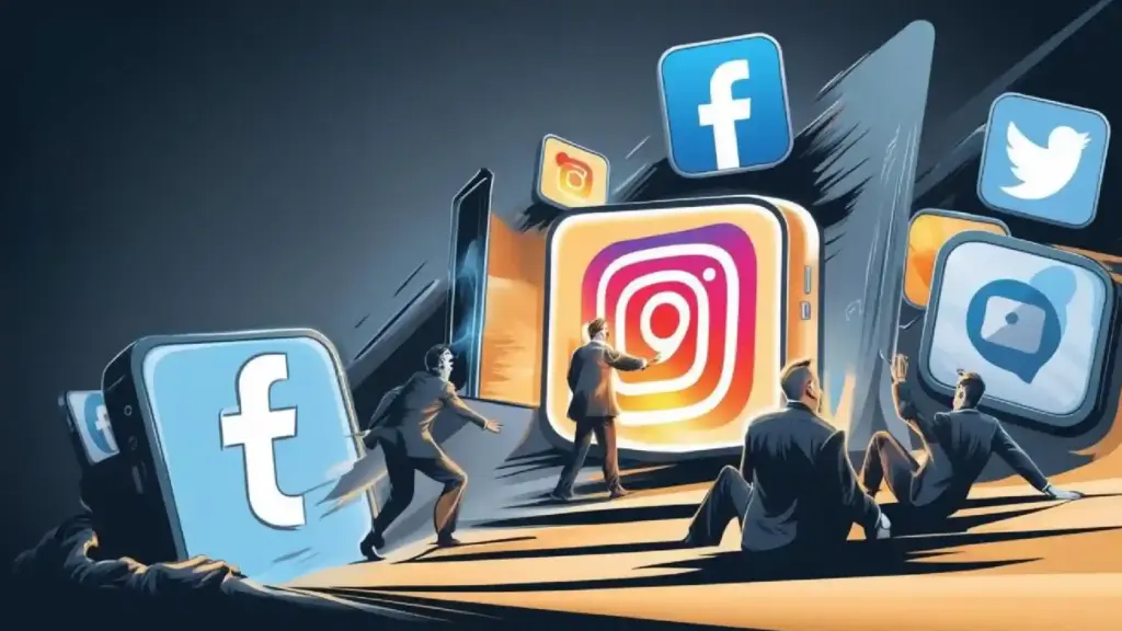 New Project 72 - Brill Creations People push giant social-media icons (Facebook, Instagram, Twitter) in a dynamic, action-packed scene.