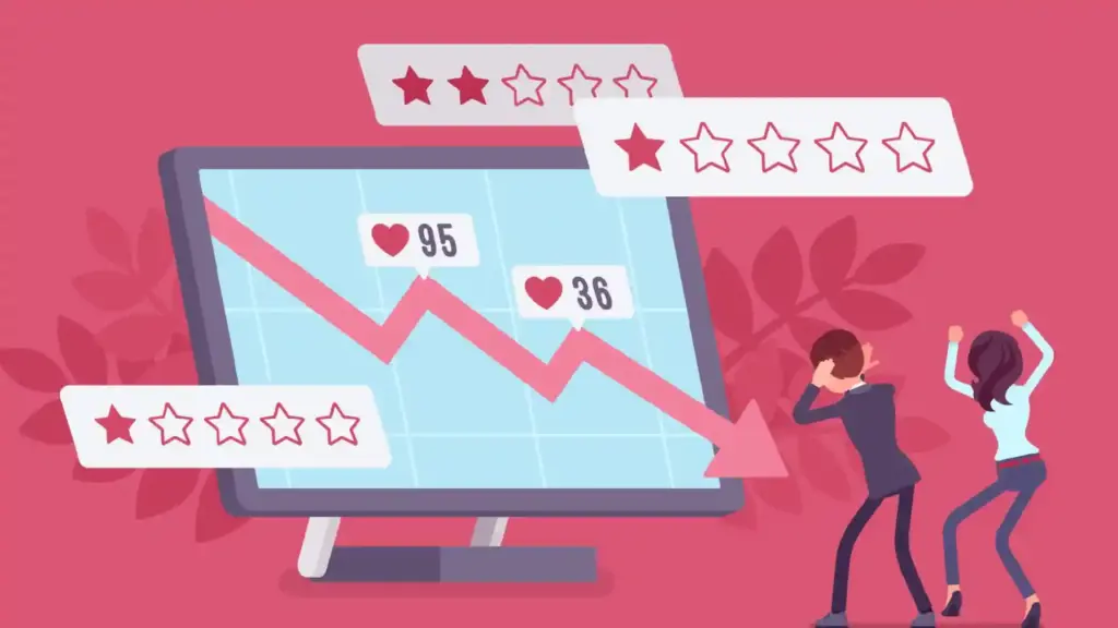 New Project 73 - Brill Creations Illustration of a monitor with a downward trend line, likes hovering nearby, and two people celebrating in a pink background — social media feedback theme