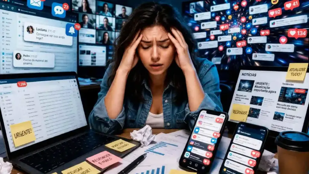 New Project 74 - Brill Creations Woman sits at a cluttered desk overwhelmed by multiple monitors, phones, and burst of notifications. Hands pressed to temples in stress.