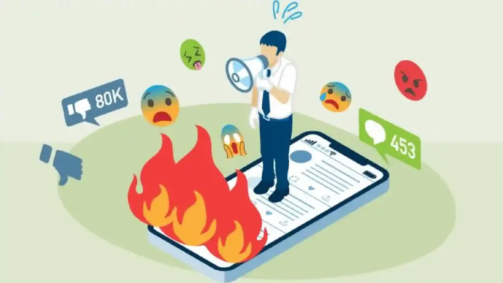 New Project 75 - Brill Creations Person with megaphone on a smartphone, flames and angry emojis show online abuse/crisis communication.