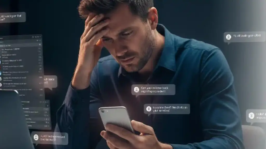 Man sits at a desk, looking stressed while scrolling a smartphone with floating chat bubbles around him in a dark office setting.