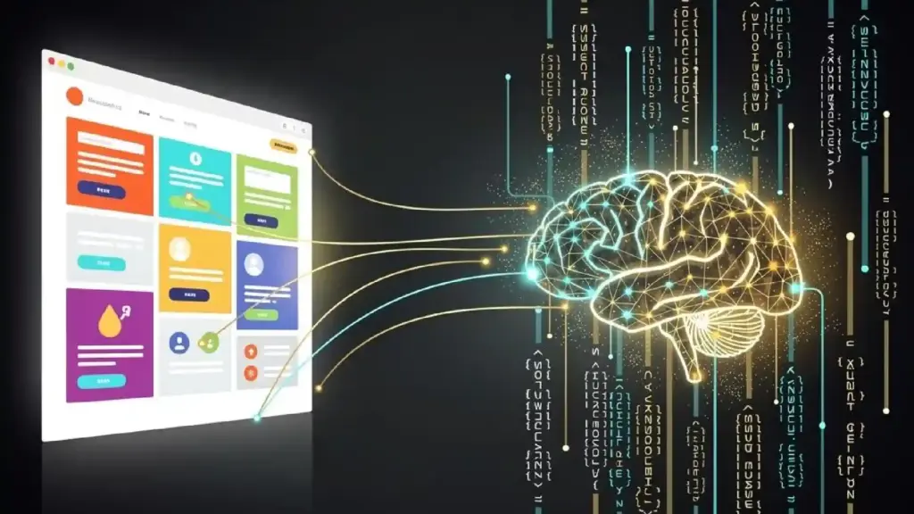Colorful dashboard UI on the left connected by glowing lines to a neon neural-brain on the right, symbolizing AI analytics.