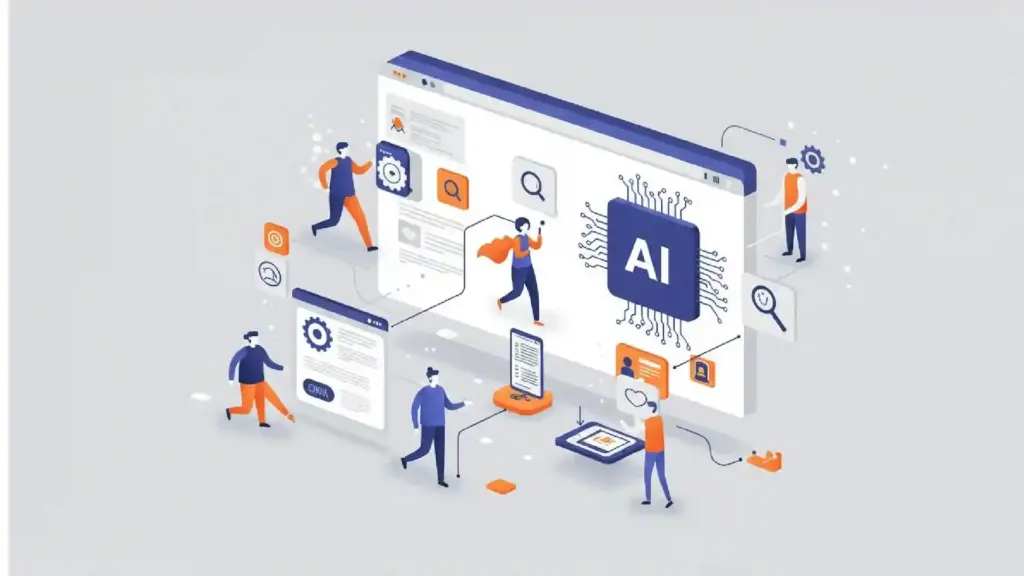 Illustration of people collaborating around a large AI chip on a computer interface, symbolizing AI development and tech teamwork.