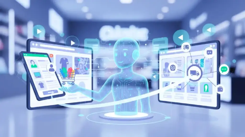 Holographic AI assistant manipulating multiple online shopping screens in a futuristic control room.