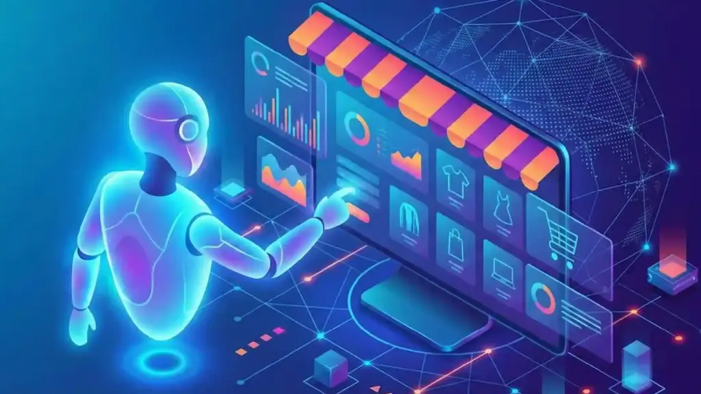 Neon-lit humanoid robot interacting with a high-tech analytics dashboard showing charts and product icons.