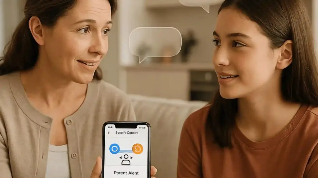 Two women sit on a couch and smile at each other, while a smartphone screen shows an app labeled 'Parent Alert' with icons at the bottom.