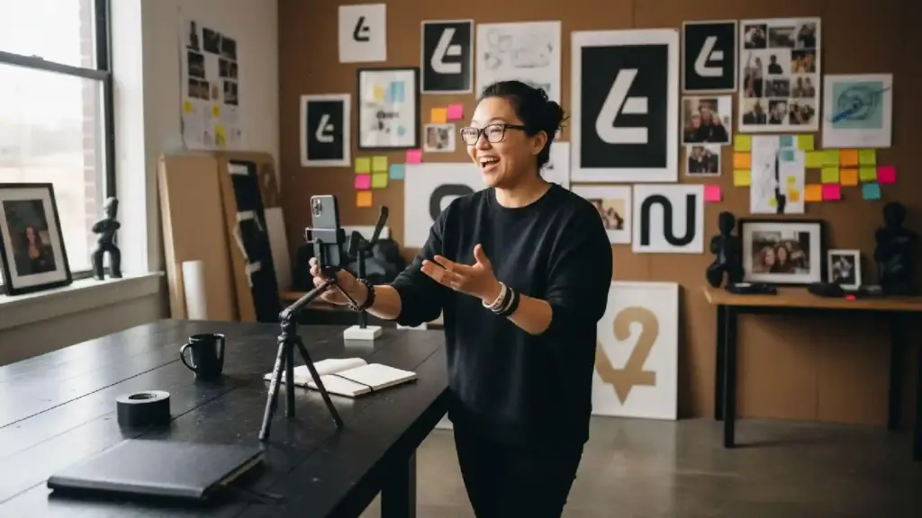 New Project 88 - Brill Creations Woman recording a video at a desk with a smartphone on a tripod in a creative studio.