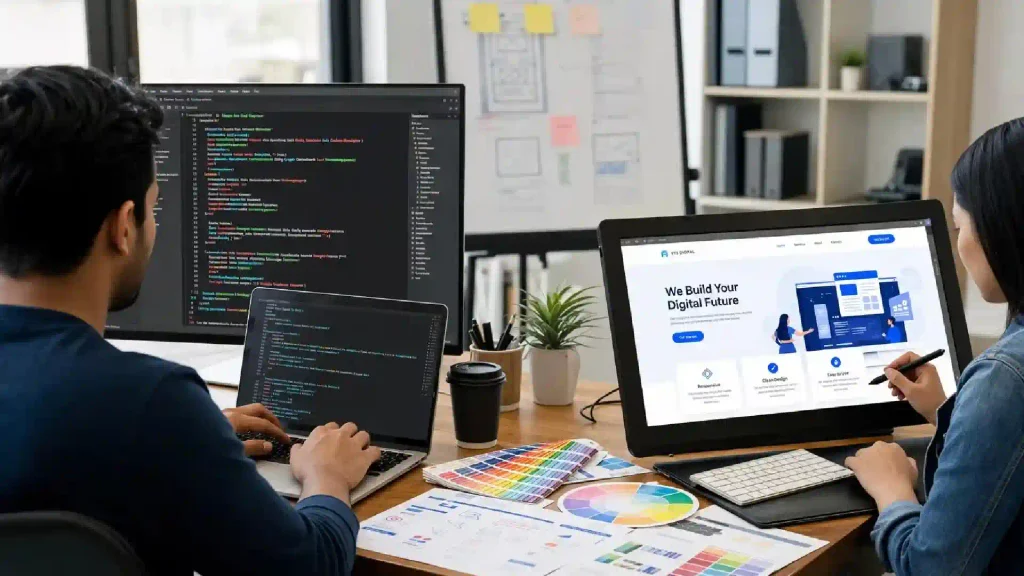 Two people coding at a desk: one typing on a laptop with code on a large monitor, the other designing a website on a second screen while color swatches lie on the desk.